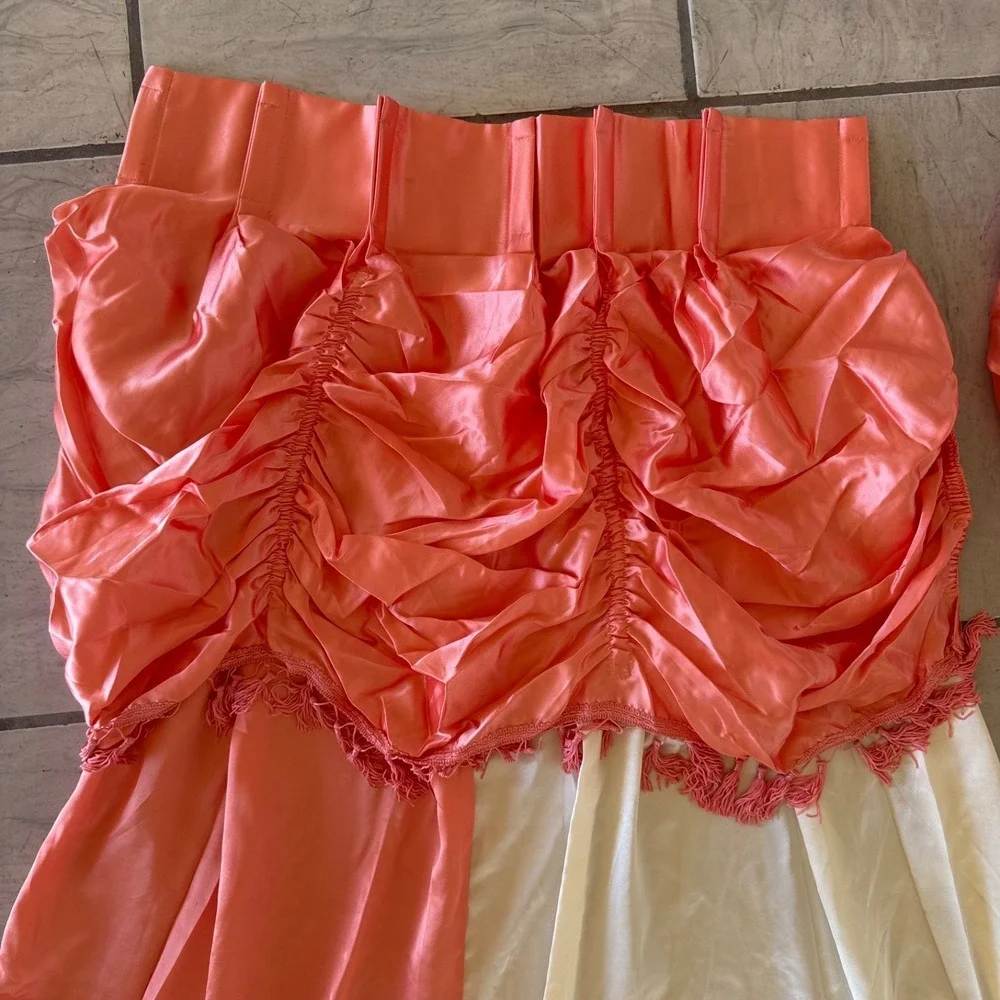 Vintage Peach Ecru Satin Embroidered Curtain Set Festoon Floral 48x95 NOS Farm‎